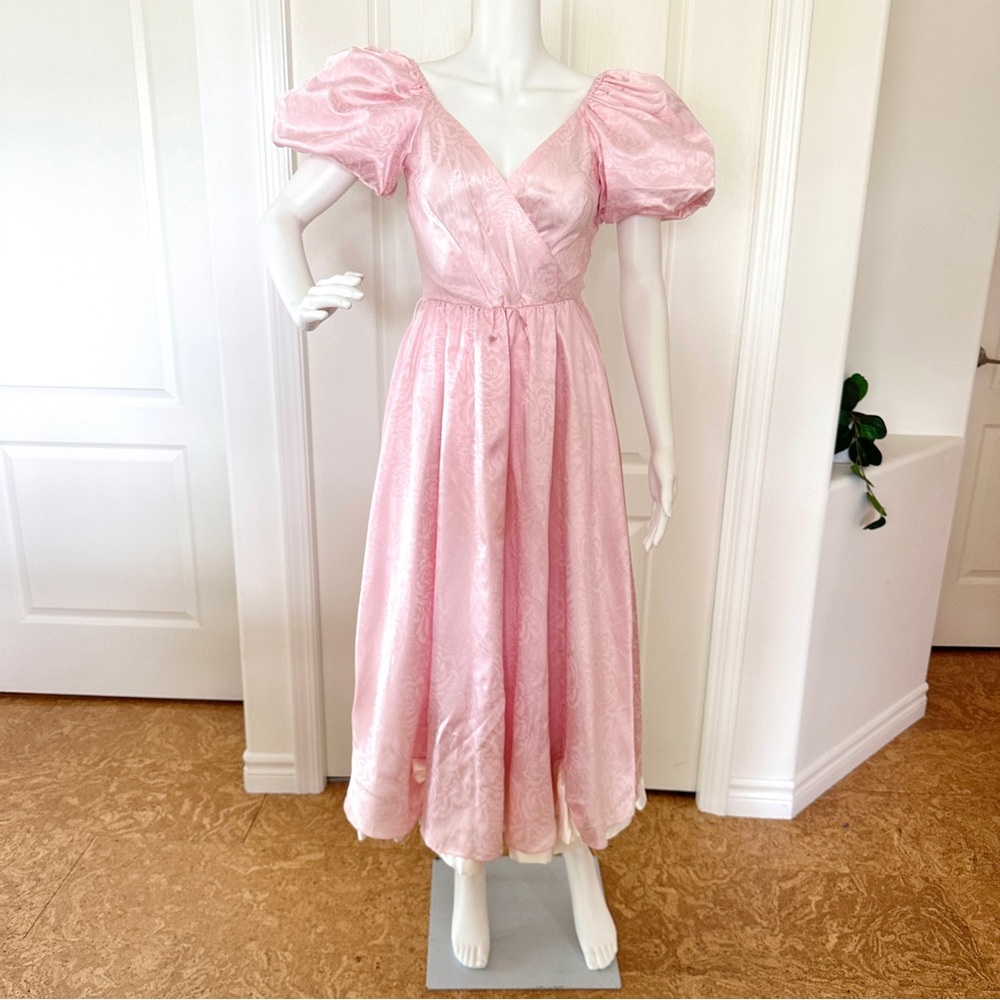 Vintage Pink Princess Puff Sleeve Floral Bridal Dress (S)